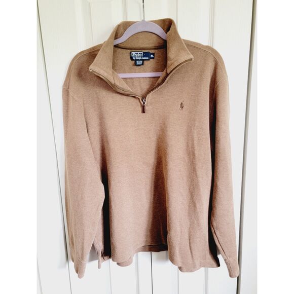 Polo Ralph Lauren Men's‎ XL Vintage Sweater Brown Logo 1/4 Zip LS Cotton - Picture 1 of 6